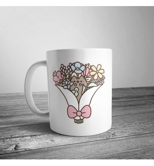 Чашка с оригинальным принтом "Букет с котиком"